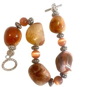 Chunky Carnelian Bracelet Faceted Agate Beaded Silver Tone Toggle Clasp‎ Earthy